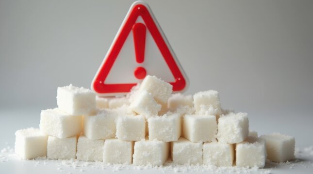 White sugar cubes stacked precariously under red warning sign. Symbolizes health risks of excess sugar intake and diet dangers. Represents caution about overconsumption. Nutritional awareness concept.