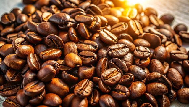 Close up of roasted coffee beans with warm sunlight