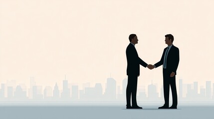 Fototapeta premium Silhouette of two businessmen shaking hands against a light city skyline. Professional agreement and partnership concept.