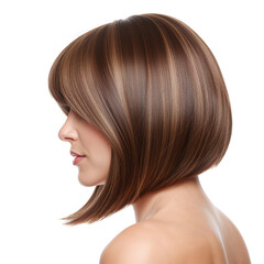 Naklejka premium Woman With Stylish Bob Haircut Showcasing Smooth Layers and Highlights in a Clean Setting