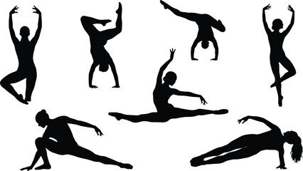 Collection of vector silhouettes of women performing complex gymnastics, ballet, and acrobatics poses, featuring splits, handstands, and dynamic stretching, 