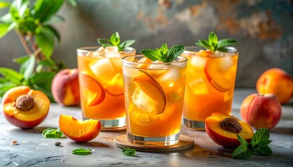 Summer peach iced tea with mint and fresh fruit slices on a bright table, styled as a refreshing drink concept for menus, wellness themes, and healthy lifestyle visuals.