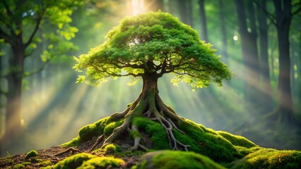 Majestic ancient tree with glowing sunbeams in lush green forest