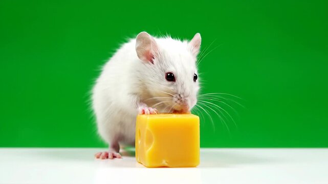 Adorable white mouse eagerly nibbling on a cube of delicious yellow cheese