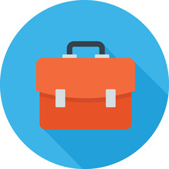 Orange briefcase with handle and clasps on blue circular background circle