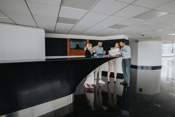 A group of coworkers gather at a sleek reception desk, examining papers and discussing plans in a contemporary office lobby, conveying teamwork, collaboration, and a busy business environment today.