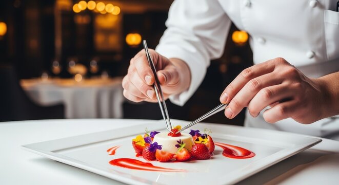 Chef garnishing dessert plate with fresh strawberries and colorful edible flowers in fine dining - Powered by Adobe