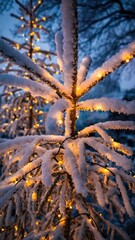 Snow-Covered Trees with Christmas Lights Glowing in Winter Evening