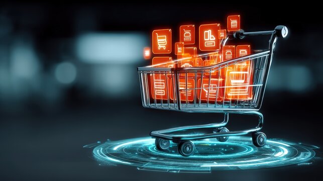 E-commerce innovations digital shopping cart concept virtual retail space graphic design futuristic environment high-tech viewpoint