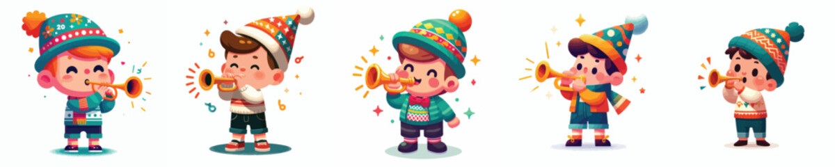 vector little boy blowing trumpet celebrating new year