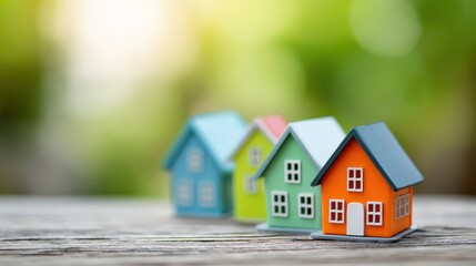 Colorful miniature houses arranged on a wooden surface with a blurred green background, symbolizing home, community, and real estate investment opportunities.