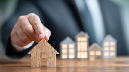 Close-up of Businessman Hand Placing Wooden Model House on Table Representing Real Estate Investment and Property Management in Modern Office Setting