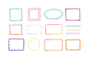 Colorful crayon style frames and borders on white background