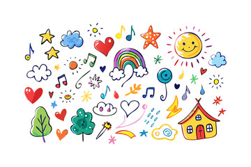 Colorful doodle collection with sun stars hearts and house