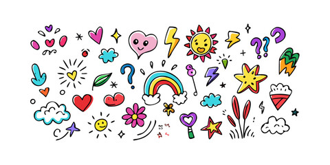 Colorful doodle collection with hearts sun rainbow and stars