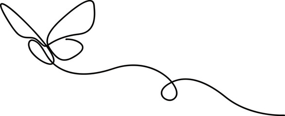 Continuous line drawing of a butterfly with a flowing path. Minimal whimsical design symbolizing freedom and lightness. Ideal for nature themes, creative art, and elegant graphic projects. © Sk