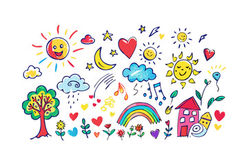 Colorful doodle elements on a white background smiling sun