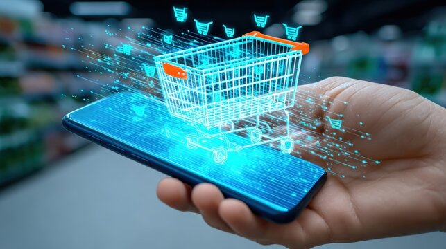 Innovative mobile shopping experience virtual store digital content retail environment close-up viewpoint augmented reality concept