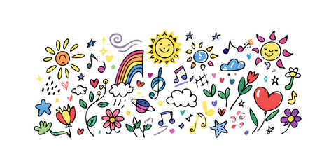 Colorful doodle elements with suns and flowers heart