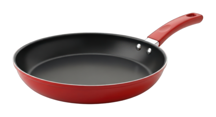 Red frying pan with a black non-stick surface and curved handle