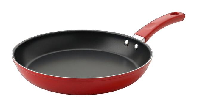 Red frying pan with a black non-stick surface and curved handle