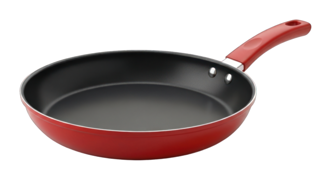 Red frying pan with a black non-stick surface and curved handle