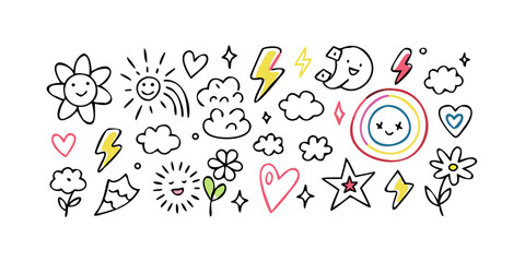 Colorful doodle icons hearts lightning bolts and rings
