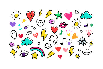 Colorful doodle icons hearts stars lightning bolts and clouds