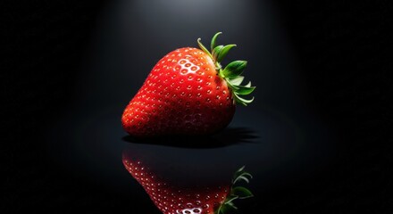 Fresh Red Strawberry on Dark Background with Reflection in Soft Light and Dramatic Shadows