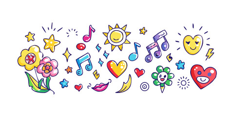 Colorful doodle icons of flowers hearts music notes sun