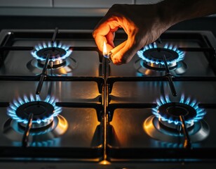 Hand Lighting Gas Burner on Modern Stove with Blue Flame