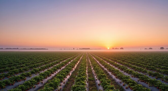 Serene Strawberry Fields at Sunrise with Mist and Soft Colors Over Fresh Crops