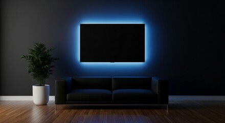 Fototapeta premium Modern living room offers a cozy vibe with a sleek black sofa and vibrant blue ambient lighting perfect for showcasing entertainment or relaxation