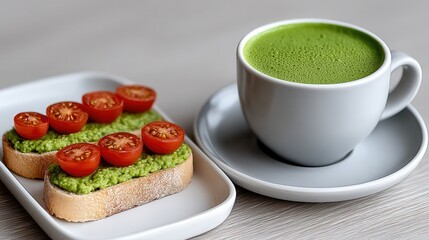 A plate of avocado toast topped with cherry tomatoes served alongside a cup of vibrant green tea. Healthy breakfast concept.