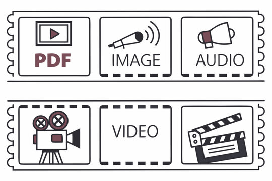 Media File Type Icons in Film Strip Frames vector illustration