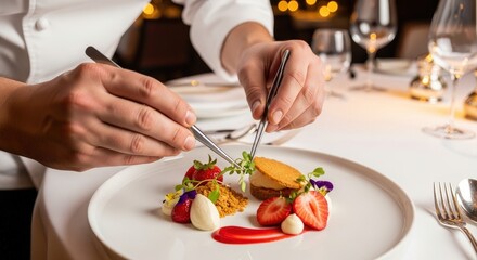 Gourmet Culinary Art: Chef Arranging Exquisite Dessert Plate with Fresh Berries and Cream