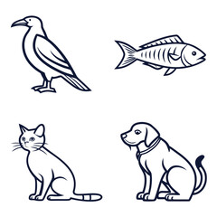 Four Stylized Outline Icons of a Bird, Fish, Cat, and Dog on White Background Keywords: bird, crow