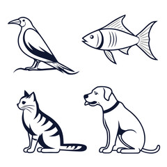 Four Outline Icons of a Bird, Fish, Tabby Cat, and Dog on White Background Keywords: bird, crow, raven