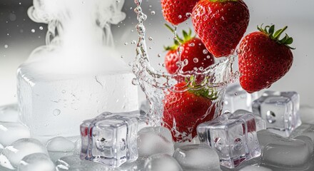 Fresh Strawberries Splashing into Ice with Water Droplets and Vapor in a Chill Setting