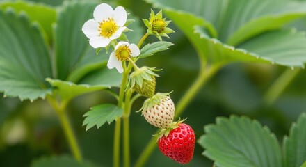 Strawberries in Different Ripening Stages with Green Leaves and White Flowers in Garden
