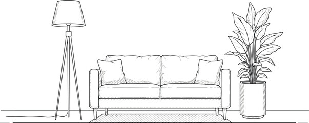 Clean Furniture Outline Sketch with Couch, Lamp and Pot Plant.