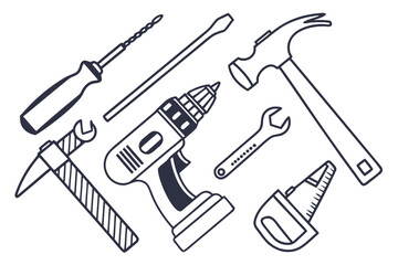 Assorted Hand Drawn Construction and Repair Tools on White Background hand tool
