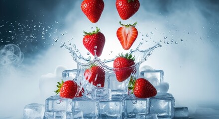 Fresh Strawberries Splashing into Ice Cubes with Water Droplets in a Creative Dark Background
