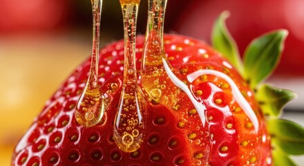 Fresh Strawberry with Honey Dripping Over Its Surface on a Vibrant Background