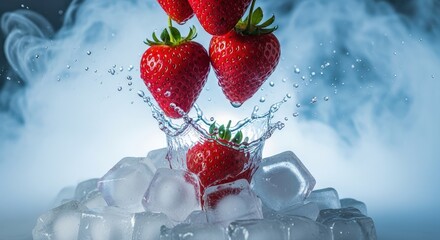 Fresh Red Strawberries Splashing in Ice Cubes with Water Droplets on a Smoky Background
