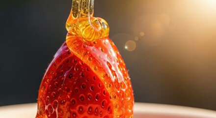 Close-up of Juicy Strawberry Drenched in Golden Honey with Sunlight and Bokeh Effect