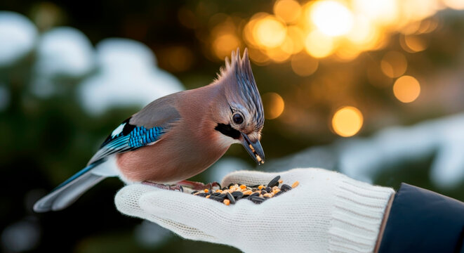 A hungry spotted jay sits on a woman's palm and pecks seeds in winter. Caring for and feeding wild birds in winter.