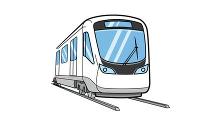 Cartoon illustration of a modern white train with blue windows on a track.