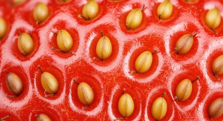 Close-Up View of Strawberry Surface with Seeds Highlighted on Bright Red Background
