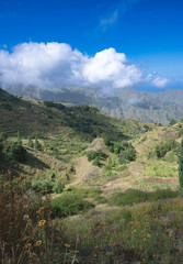 Majestic terraced highlands of Santo Antao, Cape Verde - Lush valleys and mountain ridges under moving clouds
